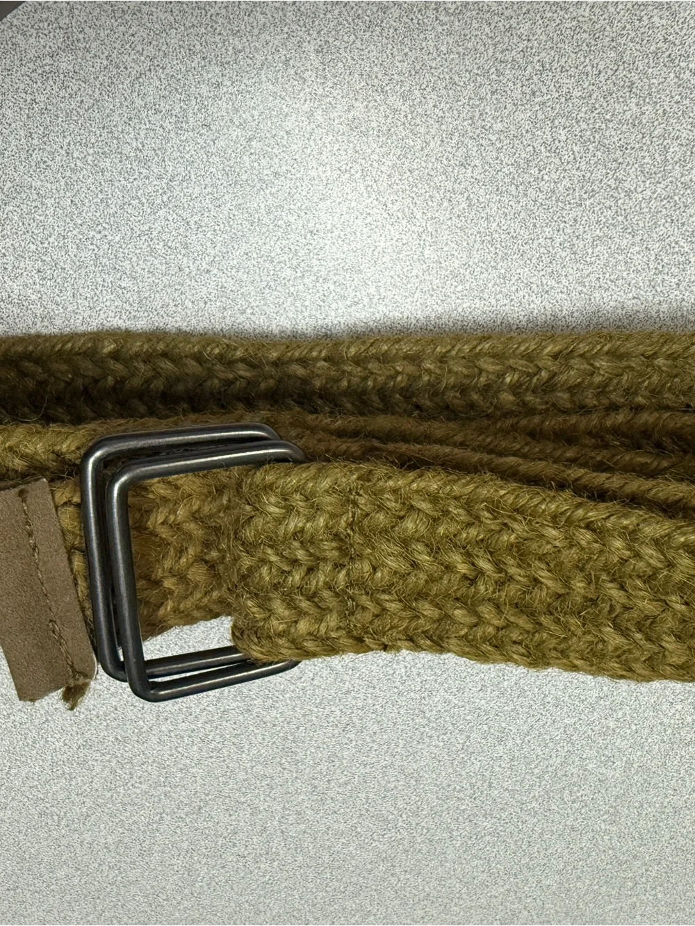 Vintage 1980s 100% Jute Woven Belt Olive Brown Double Ring Buckle 49”